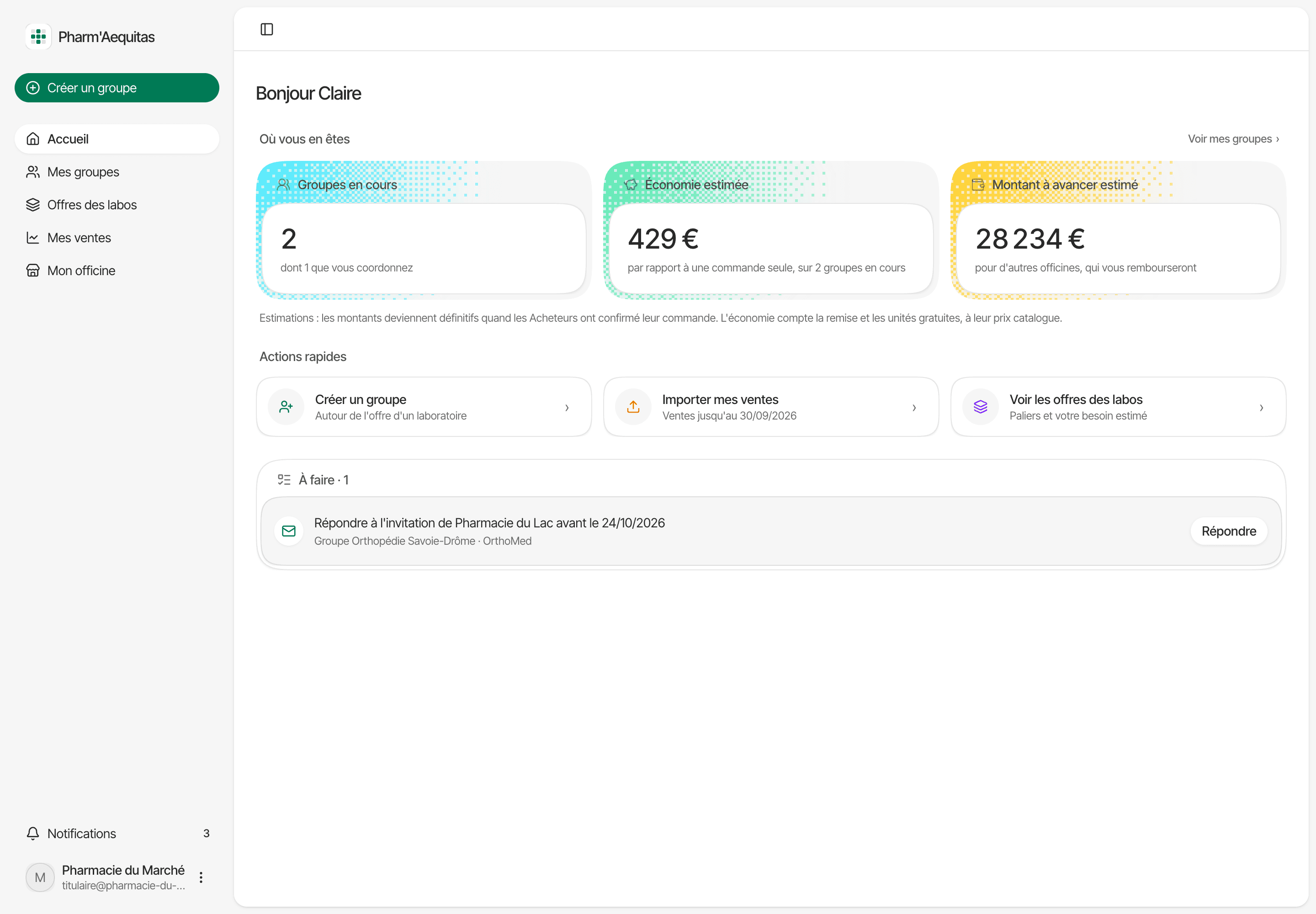 Accueil Pharm'Aequitas d'une officine : groupes en cours, économie estimée, montant à avancer, actions rapides et tâches à faire.